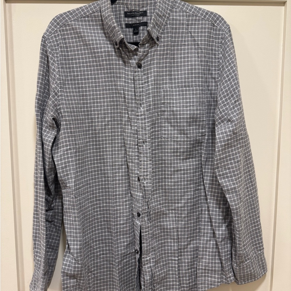 Banana Republic Gray Plaid Casual Flannel Shirt Slim